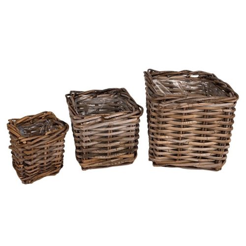 szögletes hasított rattan kaspó szett barna 27x27x25cm S/3 VD-900002S3